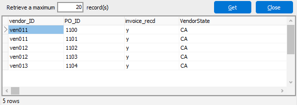 This image shows the query results in which only vendors in California are included.